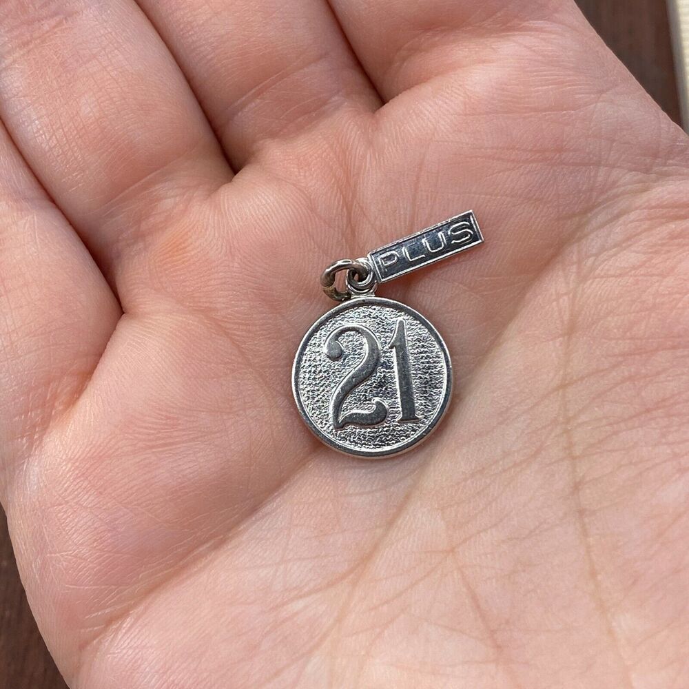 Vintage Wells 925 Sterling Silver "21 Plus" Birthday Round Pendant Charm